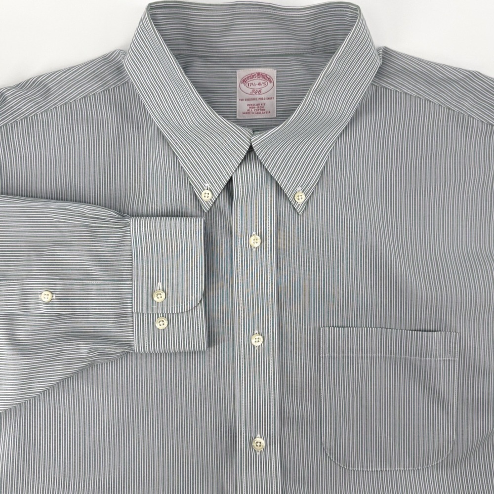 Brooks Brothers 346 Mens 17.5 4/5 Non-Iron Cotton‎ Dress Shirt Green Stripe
